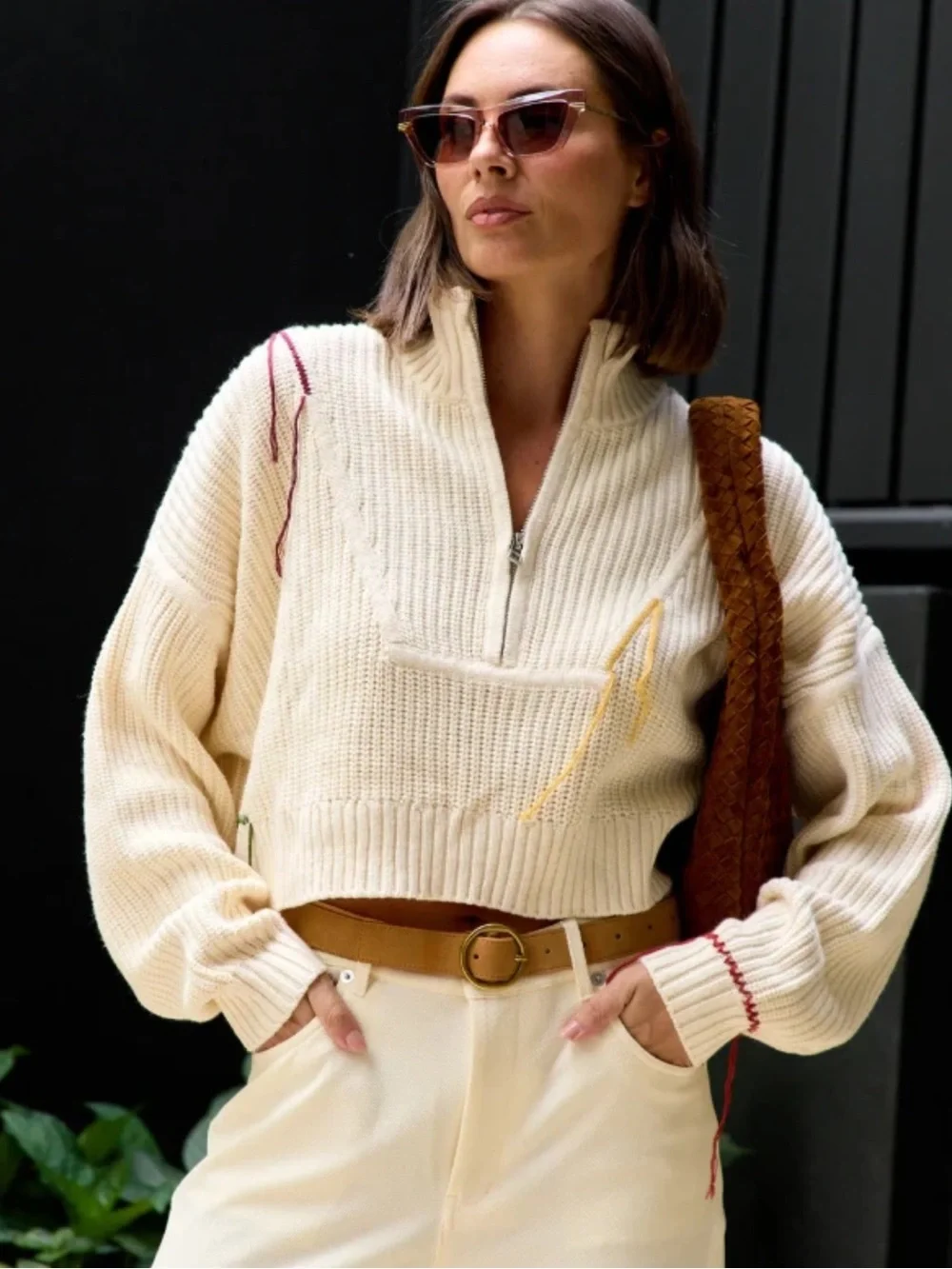 STAUD Cream Cropped Cardigan with Leopard Motif, Size XS, EUC - Picture 2 of 5